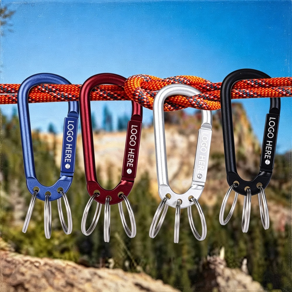 advertising-carabiner-keychain-4-colors-rope-hanging 广告款三圈挂环登山扣钥匙扣 四色组合户外绳索悬挂实拍