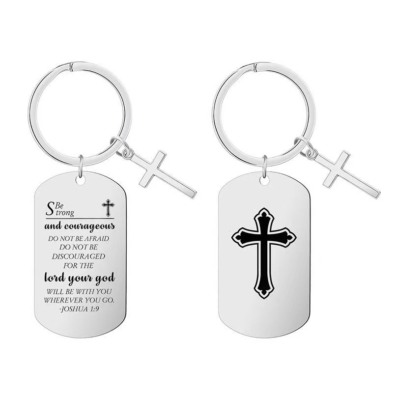 religious-cross-tag-keychain-03.jpg 宗教文字十字架吊牌钥匙扣 金属十字架钥匙扣 可激光雕刻经文LOGO定制 附图