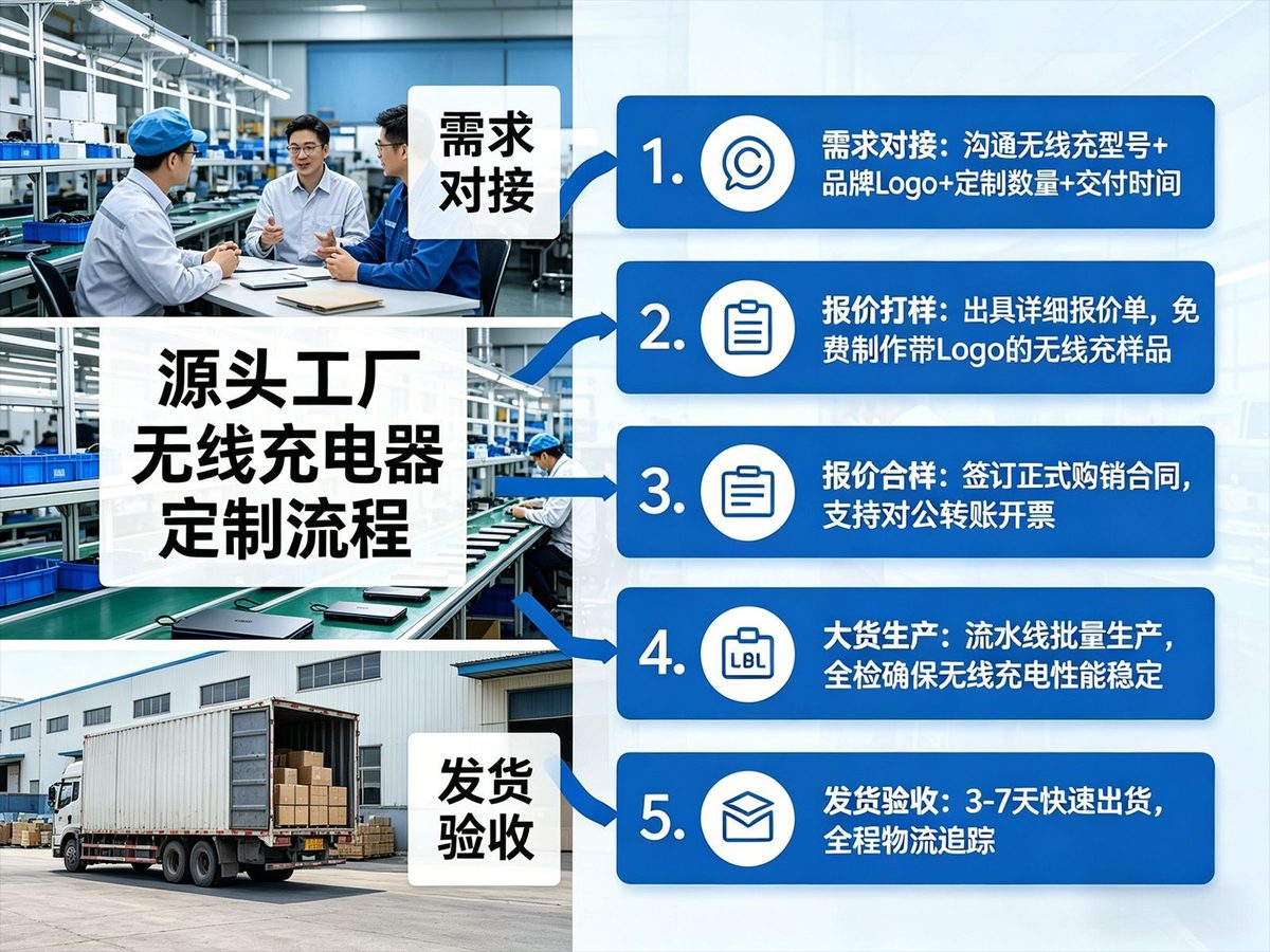 图：源头工厂无线充电器定制流程五步示意