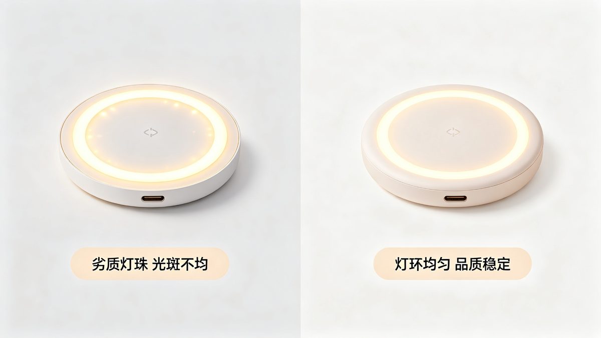 圆形发光无线充电器灯珠光斑不均与灯环均匀品质稳定对比